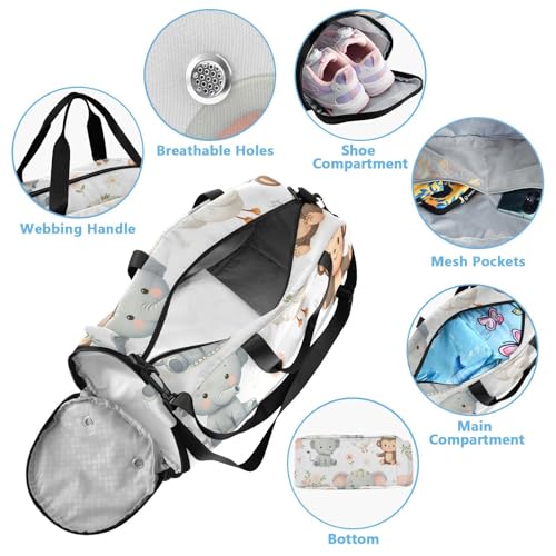Cartoon Animals Pattern Duffle Bag for Girl, Sports Duffle Gym Bags with Shoe Compartment, Personalized Overnight Bag Travel Weekender for Kids3