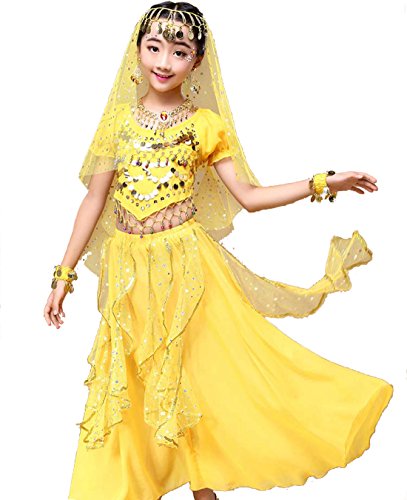 Astage Girl Belly Dance Sequin Indian Dance Costume Halloween Wear Yellow L(12Y-13Y)