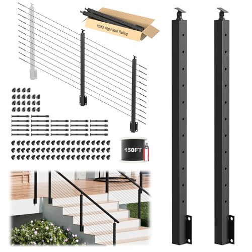 Image of BLIKA 4FT-12FT Complete Set 36 inch Side Mount Stair Railing Post Kits, Fascia Mount Stair Posts, Black Swageless Cable Railing System Include 2 Left Stair Posts, 150FT 1 /8 inch Stainless Cable(No Handrail)