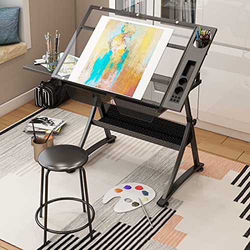 OTQEFTN Glass Drafting Table Art Desk with Stool, Height Adjustable Drawing Desk Art Table for Artists, Upgraded Tiltable Tabletop Art Craft Desk Painting Work Station for Reading Writing