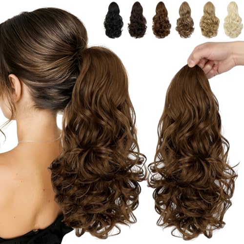 FELENDY Ponytail Extension, 15" Drawstring Ponytail Hair Extensions Wavy Curly Clip in Pony Tails Cute Hairpiece for Daily Use Synthetic Light Brown
