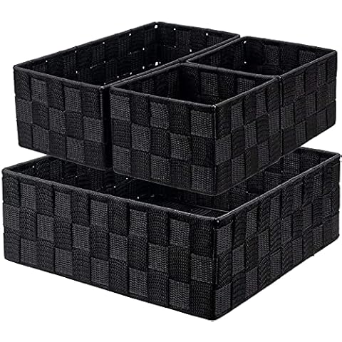 WUWEOT 4er Set Aufbewahrungskorb ohne Deckel in Rattanoptik Regalkorb Stapelbar Schwarz aus Nylon Geflochten Aufbewahrungsboxen Badkorb Aufbewahrungskörbe Cover