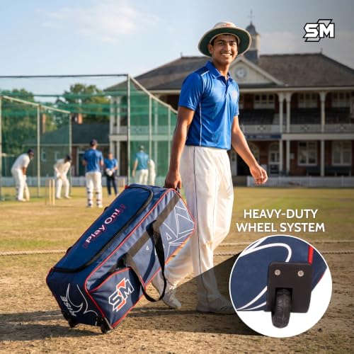 Image of SM Rise Cricket Kit Bag with Wheels | Wheelie Cricket Bag | Premium Ripstop Fabric | Heavy-Duty Wheel System | Separate Bat Pocket | Lockable U-Zip | Rust-Proof | Easy Transportation Cricket Bag