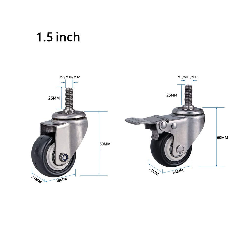 Kółko obrotowe, Kółka meblowe 1,5 Gwint M8/M10 Stal nierdzewna 304 z hamulcem Heavy Duty 200kg Cichy PU Obrotowe małe do łóżeczka stołowego Wózek na biurko Łóżeczko dziecięce Szpital 4 szt.(M8 4brake)