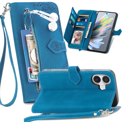 Étui portefeuille iPhone 17 SZY bleu contre la perte de cartes avec fermeture éclair