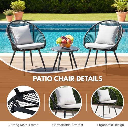 Image of DEVOKO 3 Piece Rope Patio Outdoor All Weather Furniture Conversation Bistro Set with Comfortable Cushions & Glass Top Table for Garden, Balcony, Lawn, Deck (Black & Off-White)