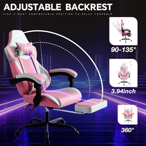 Image of Gaming Chair with Footrest, High Back Gaming Chairs PVC Leather Ergonomic Gamer Chair with Adjustable Headrest Lumbar Support Racing Style Video Gaming Chair for Office /Home (Pink)
