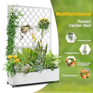 FENCY Metal Planter Box with Diamond Lattice Trellis Planter Box for Climbing PlantsVines Galvanized Raised Garden Bed On Wheels Garden Bed with Trellis73x47 White