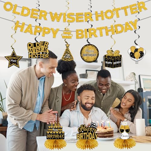 Image of Kuxriox 11Pcs Happy Birthday Decorations Kit for Men Women, Black Gold Happy Birthday Banner, Older Wiser Hotter Glitter Banner Party Supplies, Bday Decor Centerpieces Swirls Table Topper Sign