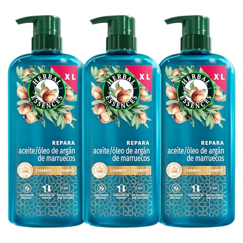 Herbal Essences Champú Reparador, Aceite Argán Marruecos, 3x 650ml, Pelo Dañado, Nutrición Intensa, Pelo Suave Sedoso, Sin Siliconas, Vegano
