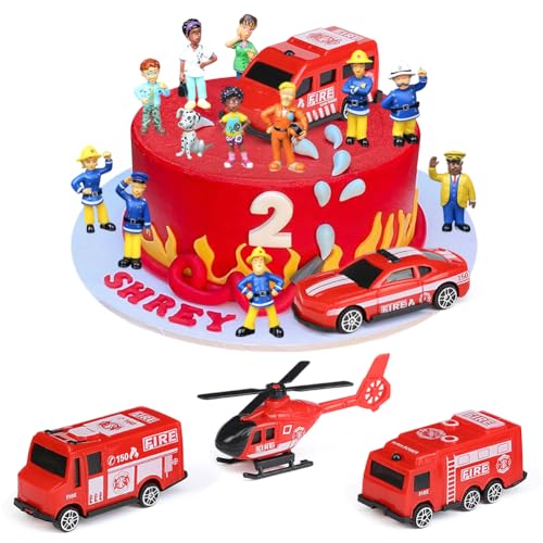 Feuerwehrmann Tortendeko, 17PCS Feuerwehrauto Kuchendekoration Feuerwehrmann Tortendeko Figuren, Feuerwehrmann Deko Geburtstag für Kinder Geburtstag torten deko Zubehör