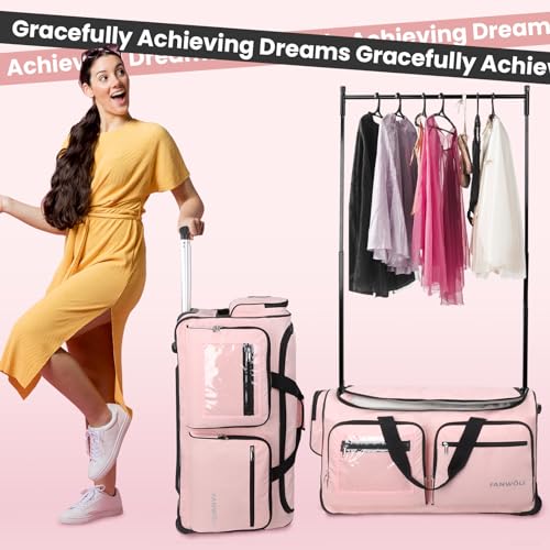 Fanwoli 28" Dance Bag with Garment Rack | Upgraded Stable System & Fabric | More Lightweight & Wear-Resistant | Ideal Competition Rolling Duffle Bag | Pink/Black Trim2
