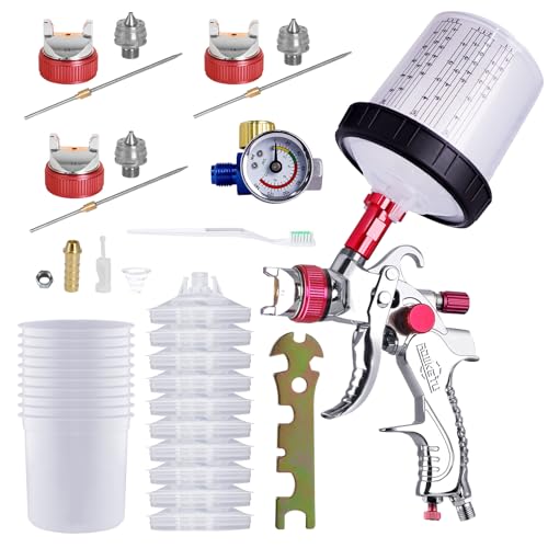 CypherCore Paint Guns Automotive with 10pcs 600cc Mixing Cups and Lids, HVLP Spray Gun Kit with 1.4/1.7/2mm Nozzles & Air Regulator, Paint Sprayer Gun for Painting, Car, Furniture, Body Repair