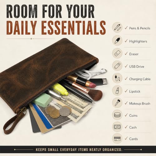 Image of Leather Pencil Pouch, Currency Pouch, Leather Pencil Case, Zippered Pouch Paper Money, Pen Case, Pen & Marker Case, Pencil Case For Artists & Professionals (Brown)