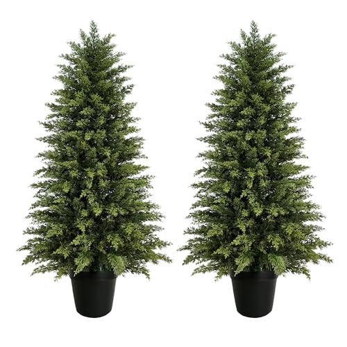 Image of 2 Pack 4ft Artificial Cedar Trees for Outdoors (UV Resistant), Potted Faux Cedar Topiary Plants for Front Porch, Realistic Evergreen Shrub for Entryway & Patio Decor