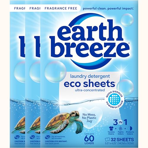 Earth Breeze Laundry Detergent Sheets Fragrance-Free - 180 Loads Eco Liquidless Soap - Travel-Friendly for Hot & Cold Cycles Tackles Tough Stains & Odors - Gentle on Sensitive Skin 90 Ct (3 Pack)