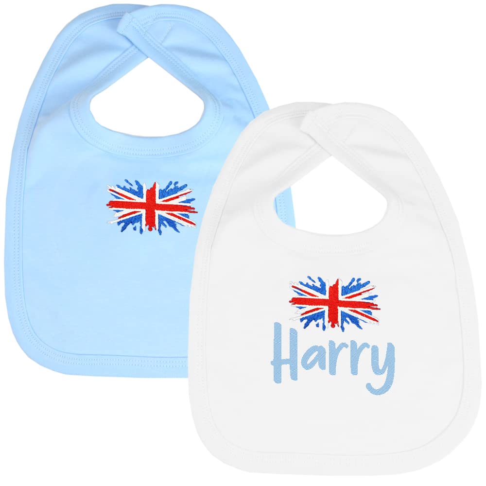 Teddyt's Blue & White Personalised Baby Union Jack Flag Embroidered Cotton Bib Set (Blue & White)