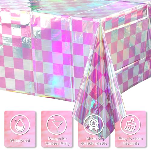 Image of 6 Pack Pink and Iridescent Checkered Plastic Tablecloth, Shiny Disposable Laser Rectangle Table Covers, Holographic Foil Tablecloth Iridescent Party Decorations for Picnic Camping Outdoor, 54x108Inch