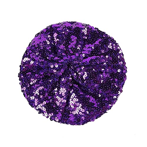 Women's Girls Sparkly Sequin Beret Hat Fashion Fun Stretch Bling Beanie Cap Headwear for Festival Party Club Purple