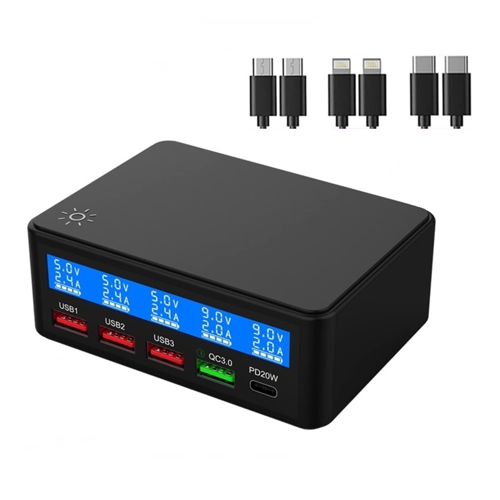 Stacja ładowania, 65W Multi 4 portowa stacja szybkiego ładowania USB, szybkie ładowanie QC3.0 PD 20W ładowarka ścienna Hub z wyświetlaczem LCD do tabletu z telefonem(Black With Cable)