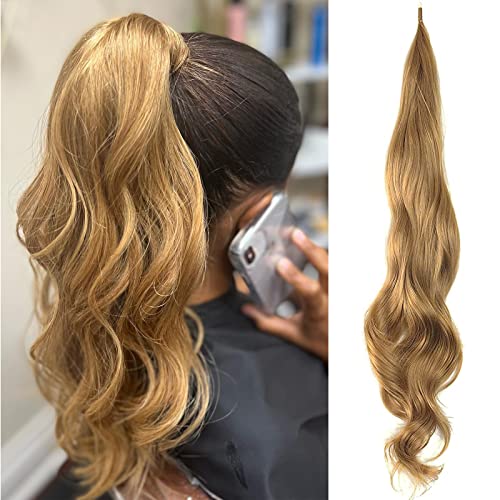 Chicmoi Blonde Ponytail Extainson 32 Inch Flexible Wrap Around Ponytail Hair Extension Honey Blonde Long Wavy Pony Tails hair Extension Synthetic Hairpieces For Women and Girls