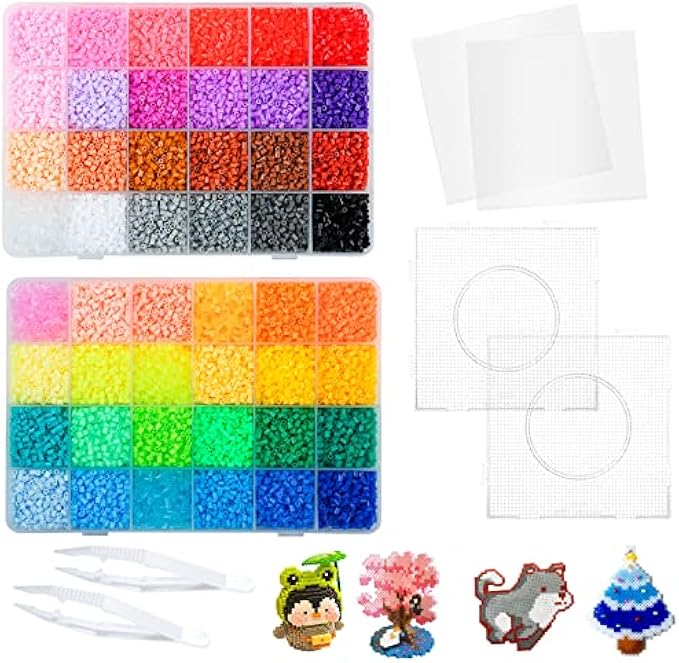 24000 Pieces Melting Beads Kit 2.6mm Mini Melting Beads Set 48 Colors Melting Beads Kit with Pegboard Ironing Paper Tweezers Craft Set Kids Art Crafts Toys