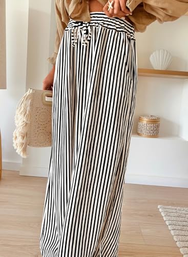 Image of Acelitt Women Casual Drawstring Elastic Waist Striped Wide Leg Pants with Pockets, S-XXL