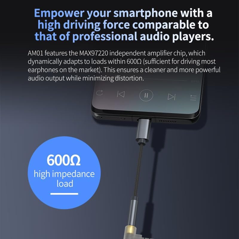 KZ AM01 connected to a smartphone, illustrating 600Ω impedance support