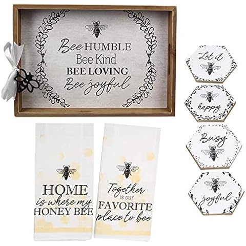 Honey Bee Kitchen Decor Bee Kitchen Accessories Includes Bumble Bee Coasters, Bee Tray, Honey Bee Dish Towels Set Cover