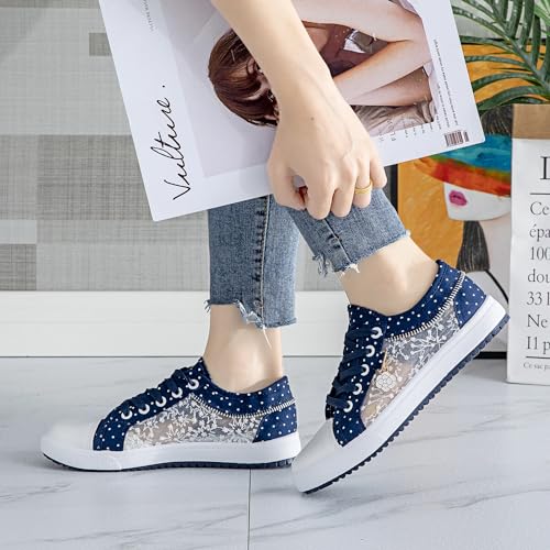 Women's Blue Denim Dots Mesh Sneakers with Floral Pedant | Breathable Lace-Up Flat Shoes for Summer Casual & Fashion Sneakers4