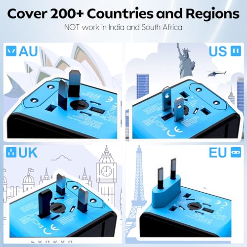 Image of JMFONE Universal Travel Adapter, 4 USB C /A Ports & 2500W AC Outlets, All-in-One International Power Plug Adapter for All USB Devices, Worldwide Travel Charger for Europe US UK AU 200+ Countries (Blue)