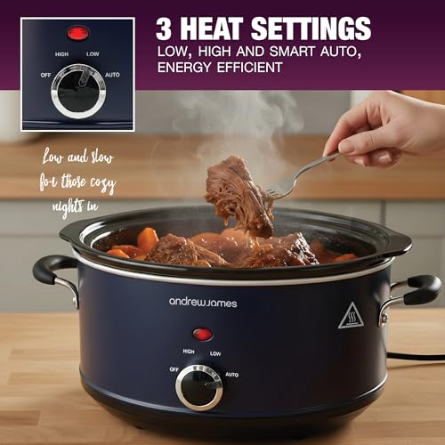 Image of Andrew James 3.5L Slow Cooker - Sear-to-Simmer - Large Hob-Proof Aluminium Pot, Shatter-Resistant & Easy-Clean Design 3 Heat Settings & Glass Lid, Ideal for Family Meals (Midnight Blue)