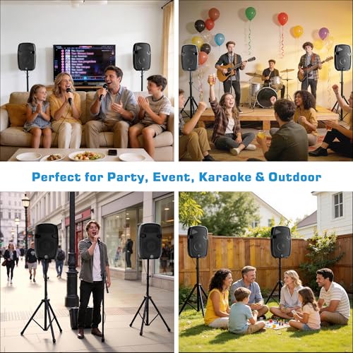 Image of NBVOICE NBVPPS210DSP 10 inch 600W Professional Powered PA System with 99DSP Tech, 48V Phantom Power,8-Channel Mixer & Bluetooth 5.3,Tripods Included for DJ /Outdoor Events