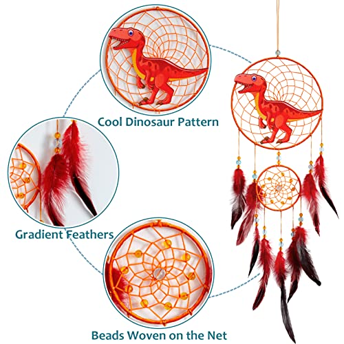 Basumee Dream Catcher for Kids Feather Dream Catchers Handmade Home Decor Wall Hanging with Double Ring for Nursery Bedroom Boys Room, Red Dinosaur - Image 3