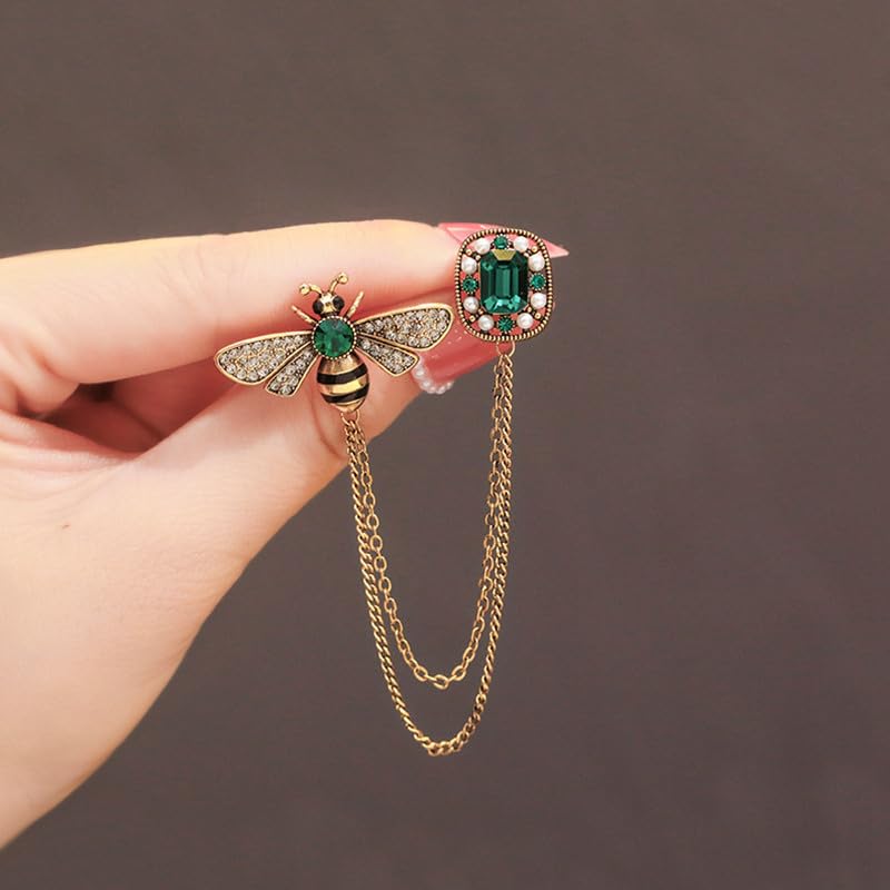 Image of Dreuyet Honey Bee Brooches for Women Men CZ Crystal Cute Bee With Hanging Chain Tassel Badge Suit Collar Brooch Lapel Pin Vintage Insect Themes Hanging Brooches Pins Accessories