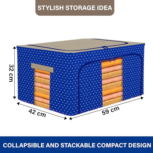 Image of Kuber Industries 88 Liter Clothes Storage Box | Foldable Steel Frame Clothes Organizer | Storage Box For Wardrobe-Saree-Shirts And Blankets | Underbed Storage Bag | Dot Print | Royal Blue