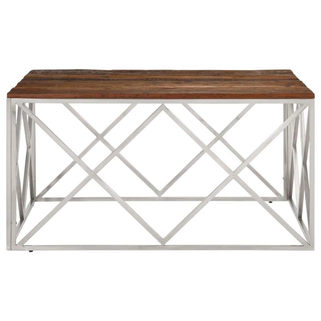 Mesa de centro plateada de acero inoxidable, tablero de madera maciza, 100 x 100 x 50 cm, muebles robustos, fáciles de limpiar, para salón elegante