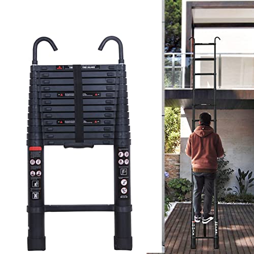 Escalera telescópica con gancho, 3,2m de aluminio, escalera telescópica extensible y portátil, escalera plegable, escalera de extensión, capacidad de carga de 150kg, EN131, negro