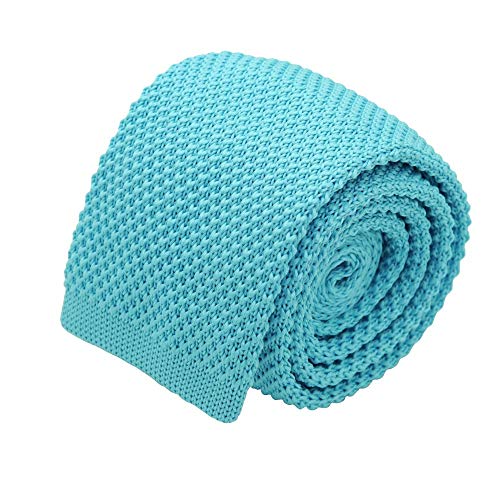 Ecravate Cravate Tricot Uni, Polyester, Bout Carré, Slim, 146x5,5cm. Bleu Turquoise