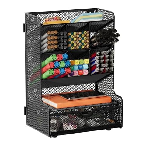 Senhoglb Desktop Pen Organizer With Drawer, Mesh Pen Holder For Desk, Multi-Functional Pencil Holder Easy Assembly, Wall Mount Metal Pen Storage For School, Home, Art Supplies, 9 Compartments, Black Cover