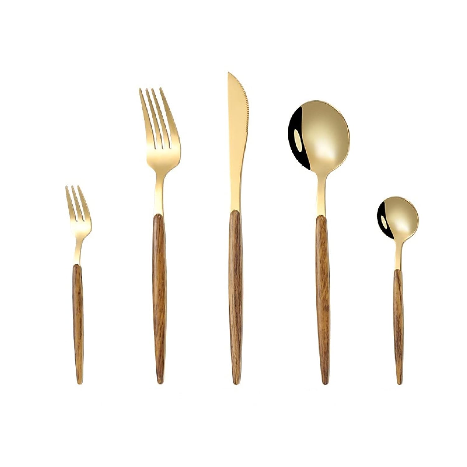 Cutlery Set Home Dinnerware Stainless Steel Knife Fork Spoon Mirror Wooden Handle Tableware 5Pcs Set Golden