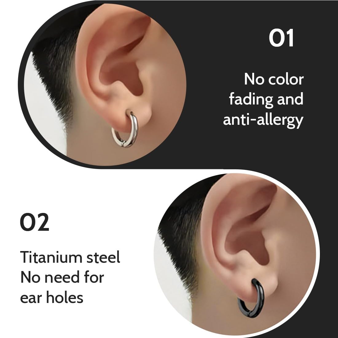 2 Paia Orecchini Non-Piercing, Acciaio Inossidabile, Design a Cerchio, Argento/Nero, Clip On