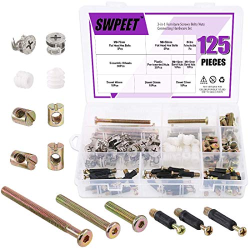 Swpeet 125 piezas 3 en 1 Kit de tornillos de montaje para cuna de muebles, montaje de leva con conectores de hardware 3 en 1 para muebles de conexión lateral de tuerca preinsertado, rueda Eccentric