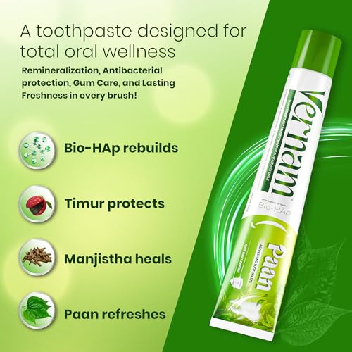Image of Vernam Paan Toothpaste 3 x 100g | Hydroxyapatite Enamel Repair & Sensitive Teeth Care | Fluoride-Free Anti Cavity | Natural Paan Fresh Breath & Gum Support | Vegan | 6% Bio-HAP, Fluoride Free & Natural Paan for Lasting Freshness