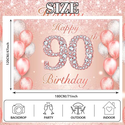 Image of Happy 90th Birthday Rose Gold Banner Cheers to 90 Years Old Backdrop Confetti Balloons Theme Decor for Women 90 Years Old Pink Birthday Party Decorations Bday Supplies Background Favors Gift Glitter