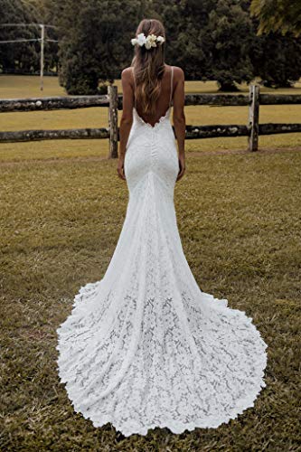 Mermaid Wedding Dresses for Bride Spaghetti Straps Backless Beach Lace Bridal Gowns with Train3