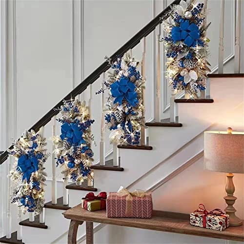 Artificial Christmas Swag Prelit Teardrop Swags Christmas Wreath with Lights Xmas Stairway Swag Christmas Decorations for Indoor Outdoor Home Decor (1PCS, Blue)