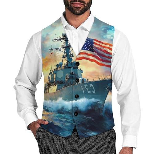 U.S Flag Warship Navy Battleship Men's Suit Vests Business Formal Dress Vest V-Neck Waistcoat for Wedding Casual