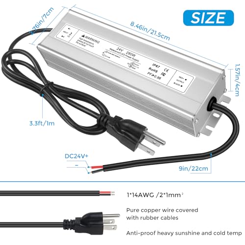 Image of 24V 280W LED Power Supply, IP67 Waterproof LED Driver, AC 110V to DC 24 Volt 11.7A Converter, Outdoor Low Voltage Transformer for LED Strip Light, Landscape Lighting, 3-Prong Plug with 3.3 FT Cable