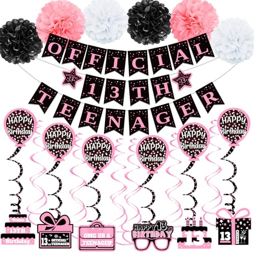 Image of 13th Birthday Decorations for Girls, Pink Black Official 13th Teenager Banner Party Decorations, Happy Thirteen Birthday Decor Double-Sided Card Pompoms Hanging Swirls for 13 Years Girls Gifts 48pcs
